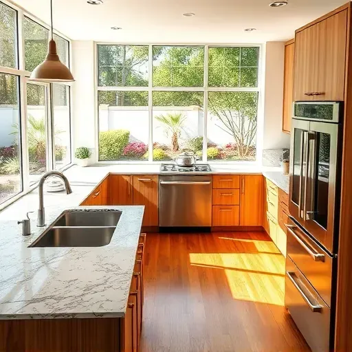 Remodeled modern kitchen in Vista CA with granite countertops, stainless steel appliances, and natural sunlight.