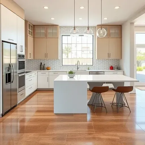 Modern kitchen remodel in Vista CA with sleek cabinetry, quartz countertops, large island, and natural light.