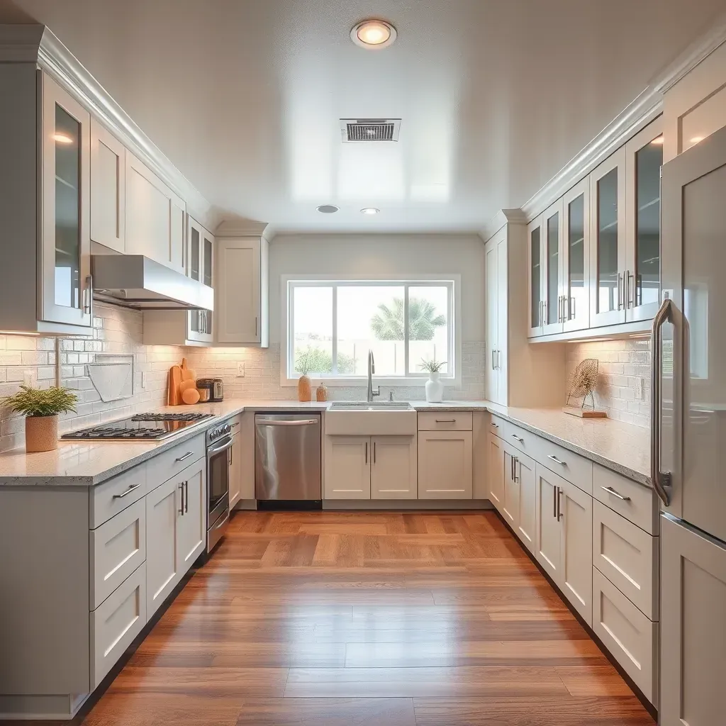 Remodeled Normal Heights, CA kitchen with sleek cabinetry, stainless appliances, white quartz countertops, and hardwood floors.