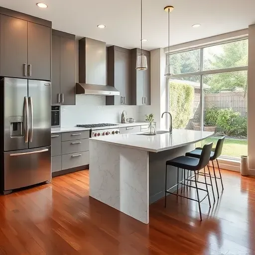 Modern remodeled kitchen in Normal Heights CA with sleek matte cabinetry stainless steel appliances marble island hardwood floors greenery views