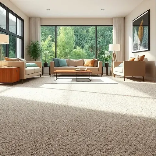 Freshly installed plush carpet in a modern Vista CA living room with natural sunlight, elegant furniture, and garden view