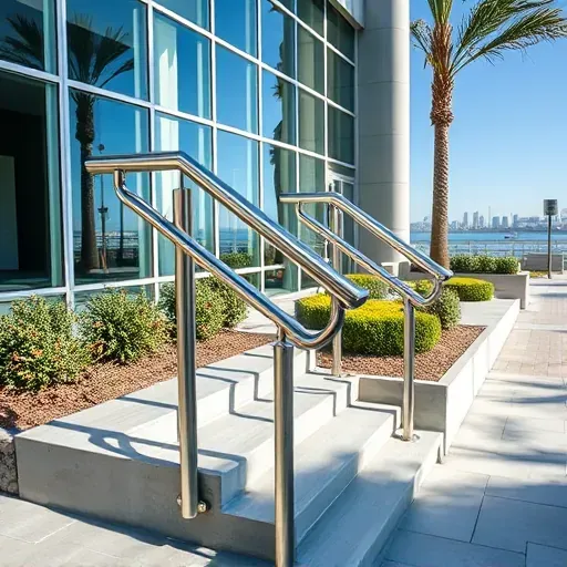 Finished stainless steel handrails installation on modern concrete stairs in outdoor urban Vista CA with landscaped surroundings
