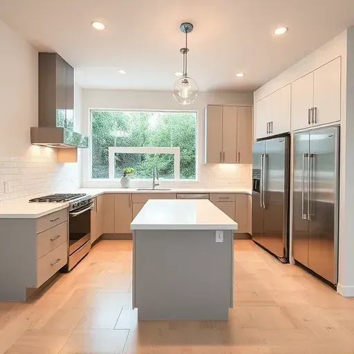 Remodeled Rancho Bernardo CA kitchen with matte modern cabinets, quartz counters, stylish island, pendant lights, subway backsplash, hardwood floors, and high-end appliances