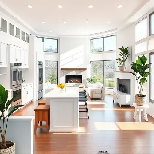 Modern kitchen remodel in Sabre Springs with sleek cabinetry, a spacious island, and high-end appliances. Cozy living area included.