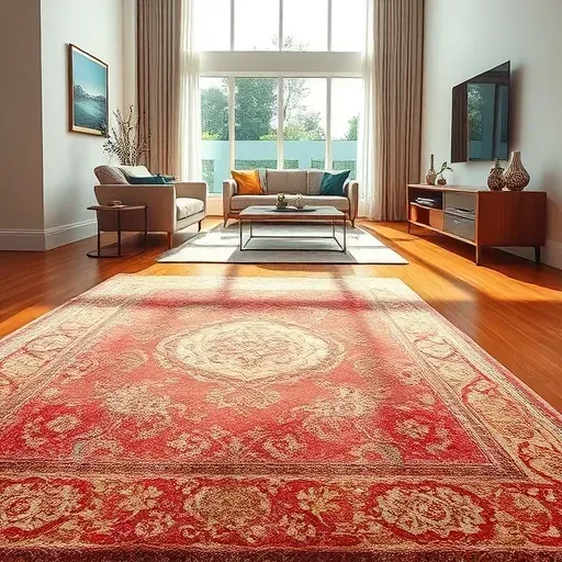 Freshly installed vibrant patterned carpet in a modern Vista CA living room with sunlight illuminating its texture and detail