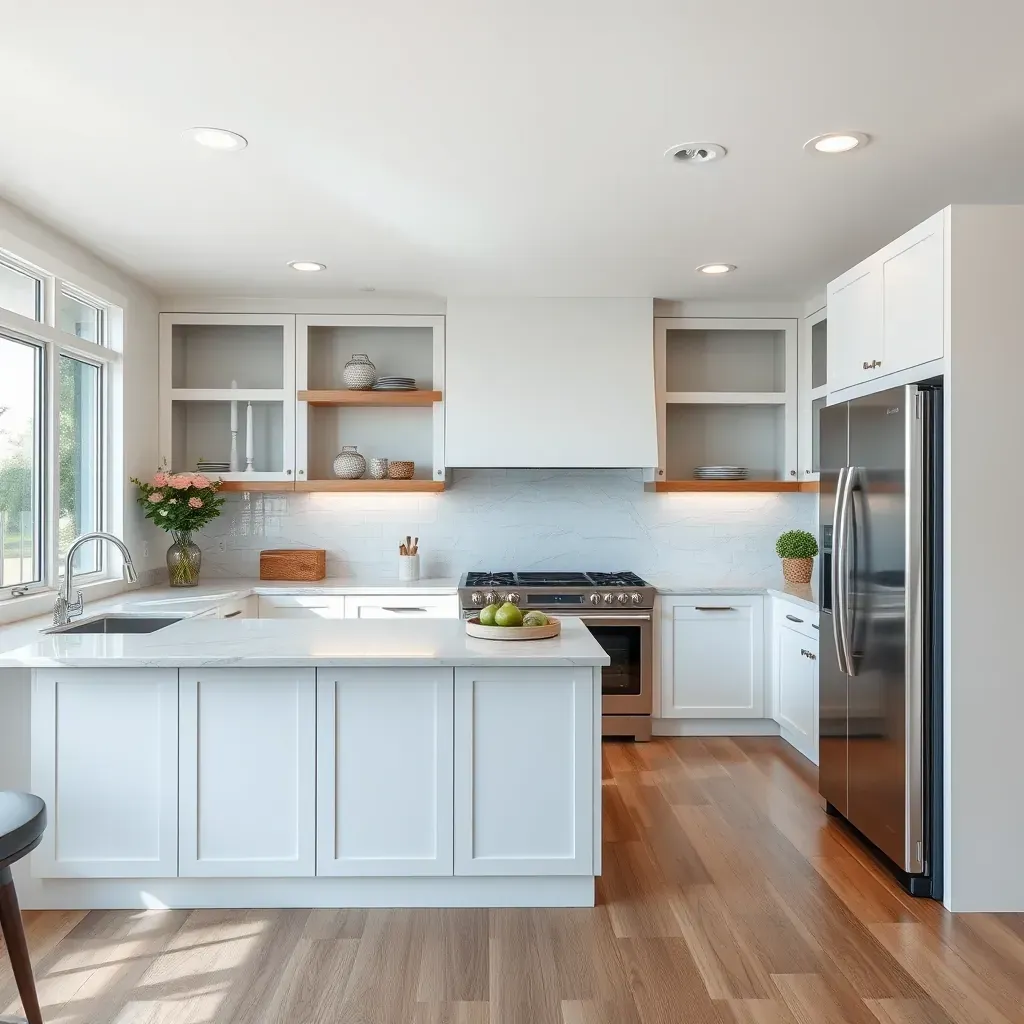 Modern coastal kitchen in Carlsbad, CA featuring white shaker cabinets, ocean-inspired accents, quartz countertops, mosaic tiles, and large windows.