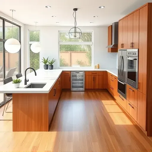 Renovated Clairemont kitchen with quartz countertops, black faucet, modern appliances, wooden cabinets, subway tile backsplash, island, and natural light