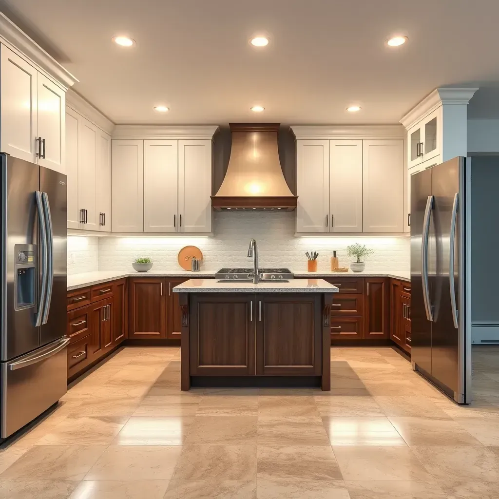 Remodeled Fallbrook kitchen with white shaker cabinets, quartz counters, stainless appliances, hardwood floors, and lush greenery views.