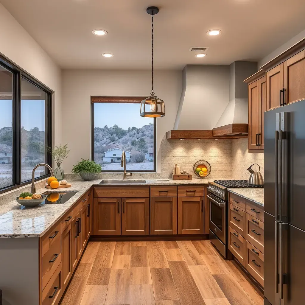 Modern Sabre Springs kitchen with white marble countertops, taupe cabinets, stainless appliances, and lush backyard view.