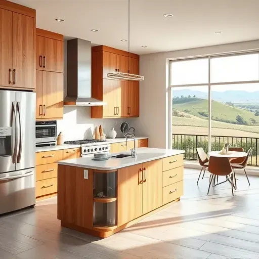 Beautiful modern kitchen in Morro Hills CA with natural wood cabinets quartz countertops stainless steel appliances and scenic hill views