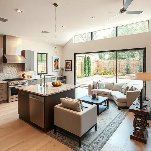 Modern open-concept living space in Fairbanks Ranch CA with elegant kitchen, lush backyard, and stylish decor.