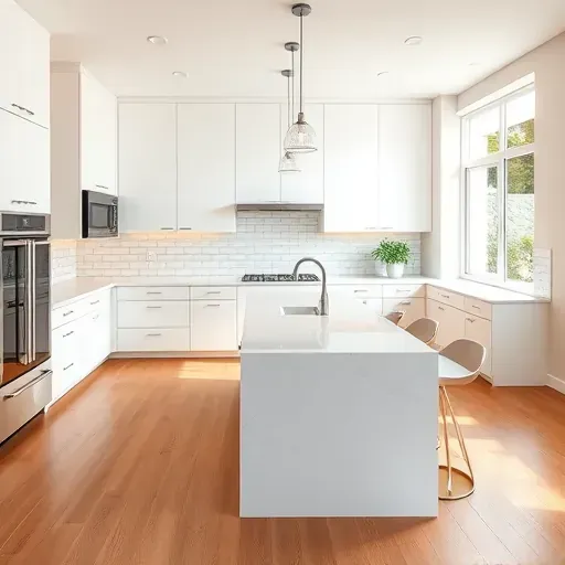 Renovated modern kitchen in Normal Heights CA with sleek quartz countertops matte white cabinets stainless steel appliances marble island neutral subway backsplash warm wood floors natural light pendant lighting and organized stylish design