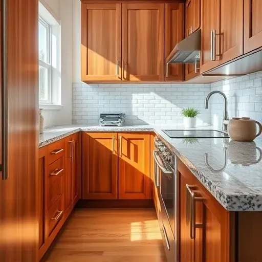 Shiny stainless steel cabinet handles and knobs installed in a modern kitchen with wooden cabinets and granite countertops