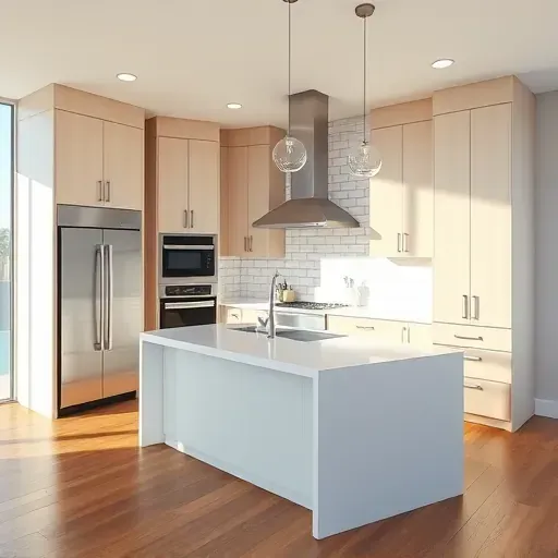 Recently remodeled kitchen in Encinitas features modern cabinetry, quartz countertop, and coastal views through large windows.