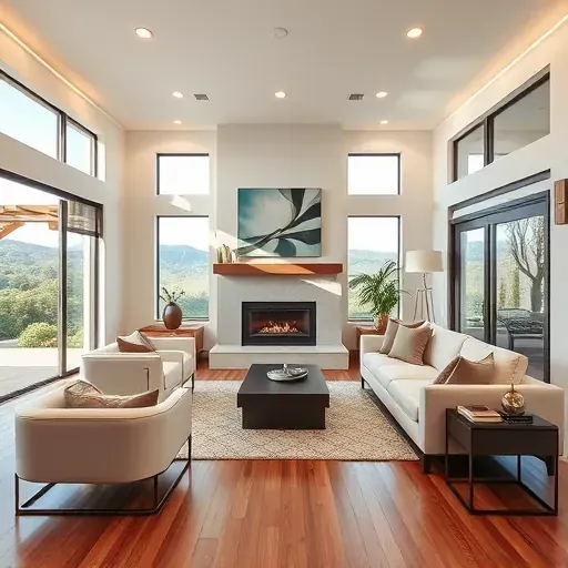 Modern living room in Olivenhain CA features sleek furniture, custom cabinetry, and a beautifully designed fireplace.