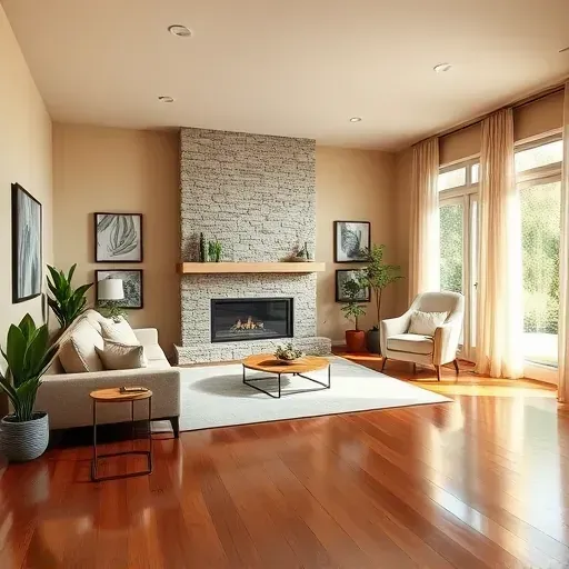 Elegant living room remodel in Del Dios CA featuring hardwood floors, stone fireplace, and modern decor elements.