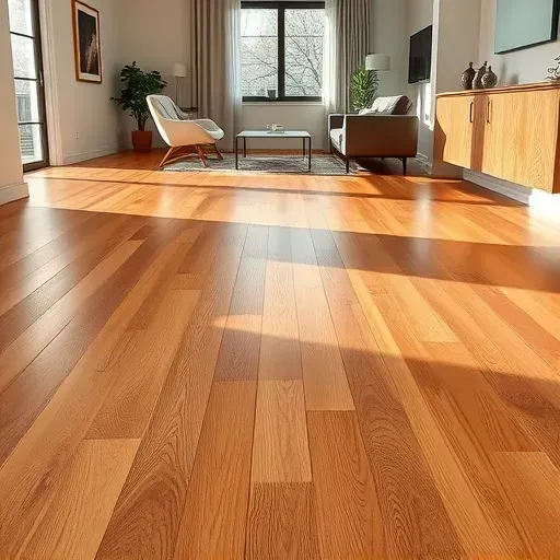 Rich warm oak hardwood flooring with intricate grain patterns in a modern room with neutral walls and minimalist decor in Vista California