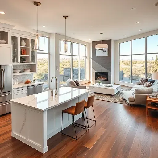 Modern kitchen remodel in Valley Center CA featuring sleek cabinetry, marble countertops, cozy living area, elegant decor.