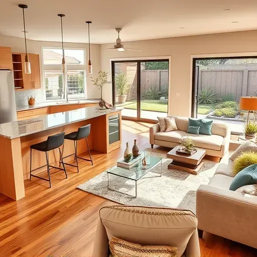 Modern Escondido home remodel features a stylish kitchen, open living space, and serene garden view through glass doors.