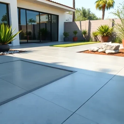 Polished concrete slab in a residential yard in Vista CA with modern home, lush garden, and decorative landscaping