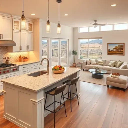 Renovated kitchen in Fallbrook CA with modern cabinetry, elegant lighting, and a view of rolling hills outside.