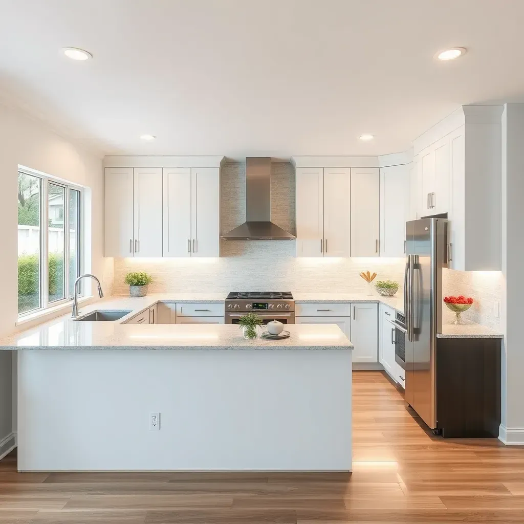 Remodeled Hidden Meadows, CA kitchen with white quartz countertops, wood cabinets, stainless steel appliances, and scenic views.