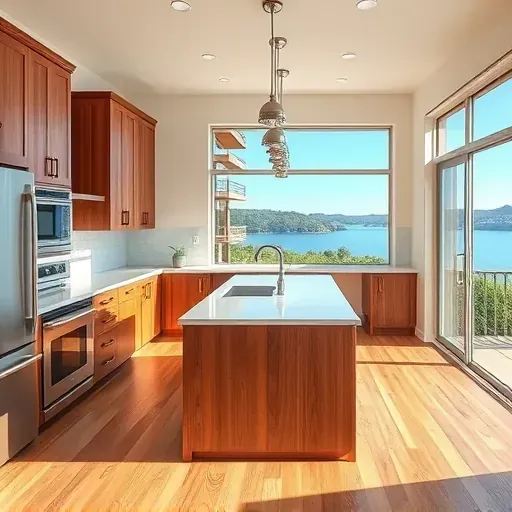 Remodeled Lake San Marcos kitchen with quartz countertops, marble island, stainless steel appliances, and scenic lake views