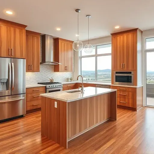 Modern kitchen in Pala Mesa CA with warm wood cabinets granite countertops stainless steel appliances and scenic outdoor view