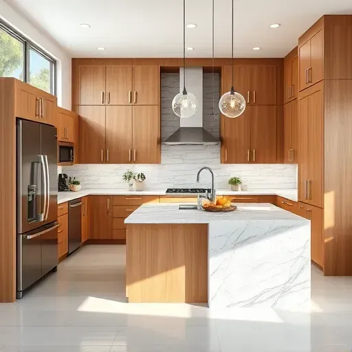 Remodeled Fallbrook CA kitchen with modern wood cabinets stainless steel appliances marble island natural light neutral backsplash and soft ambient lighting