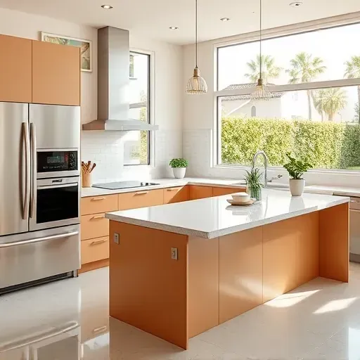 Renovated Vista CA kitchen with modern appliances, quartz countertop, chic island, and natural light enhancing the decor.