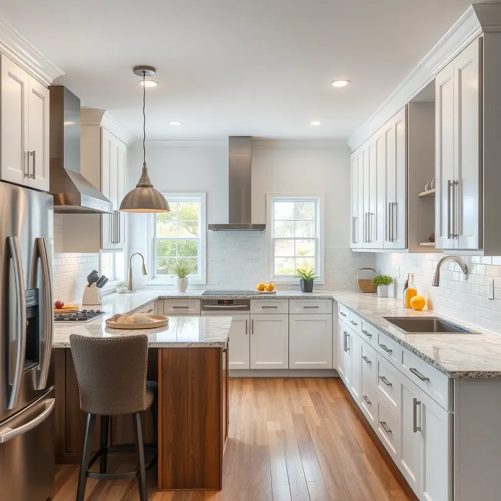 Modern San Diego kitchen with granite countertops, stainless steel appliances, wood and black cabinets, coastal views.