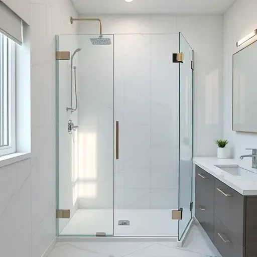 Smooth frameless glass shower door with chrome handles in a modern bathroom with marble tiles and polished fixtures