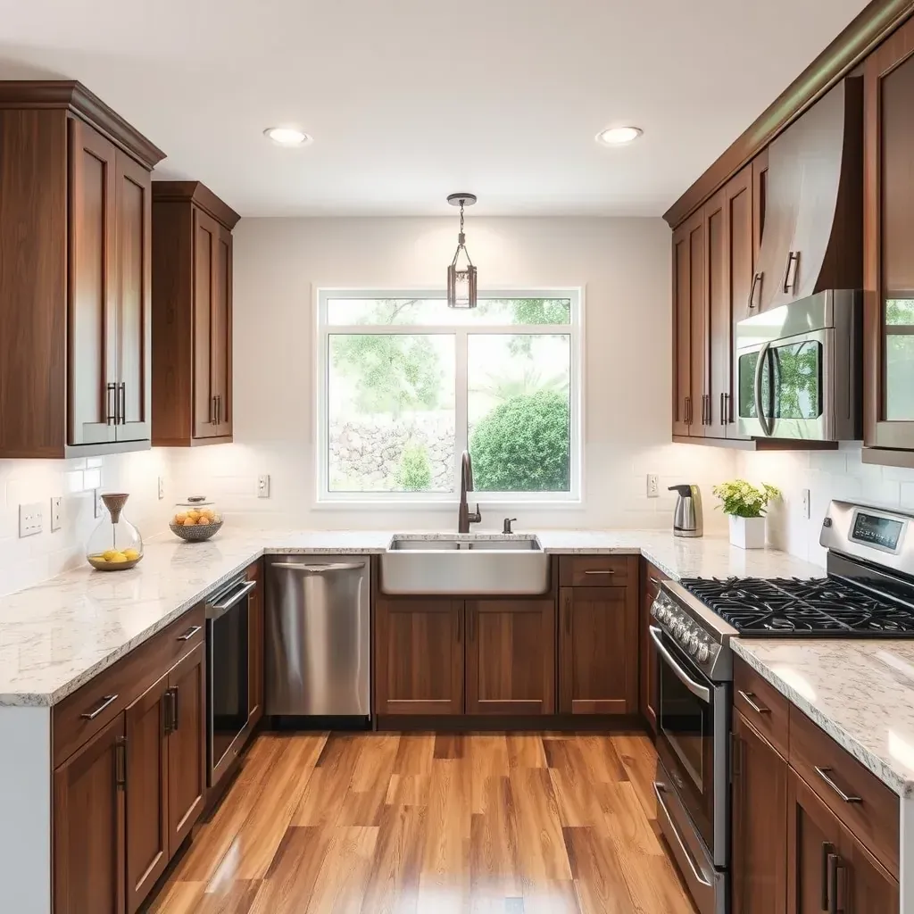 Spacious modern Poway kitchen featuring white quartz countertops, shaker cabinets, central island, stainless appliances, and natural light.