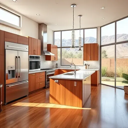 Remodeled Del Dios CA kitchen features modern design with stainless steel appliances, wood cabinetry, and garden views.