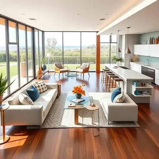 Open-concept living space in Del Mar, CA with modern furniture, natural light, and premium kitchen amenities.