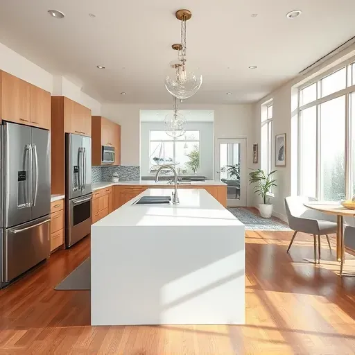 Recently renovated modern coastal kitchen in Carlsbad with quartz countertops, island, stainless steel appliances, hardwood floors, mosaic backsplash, nautical decor, and natural sunlight