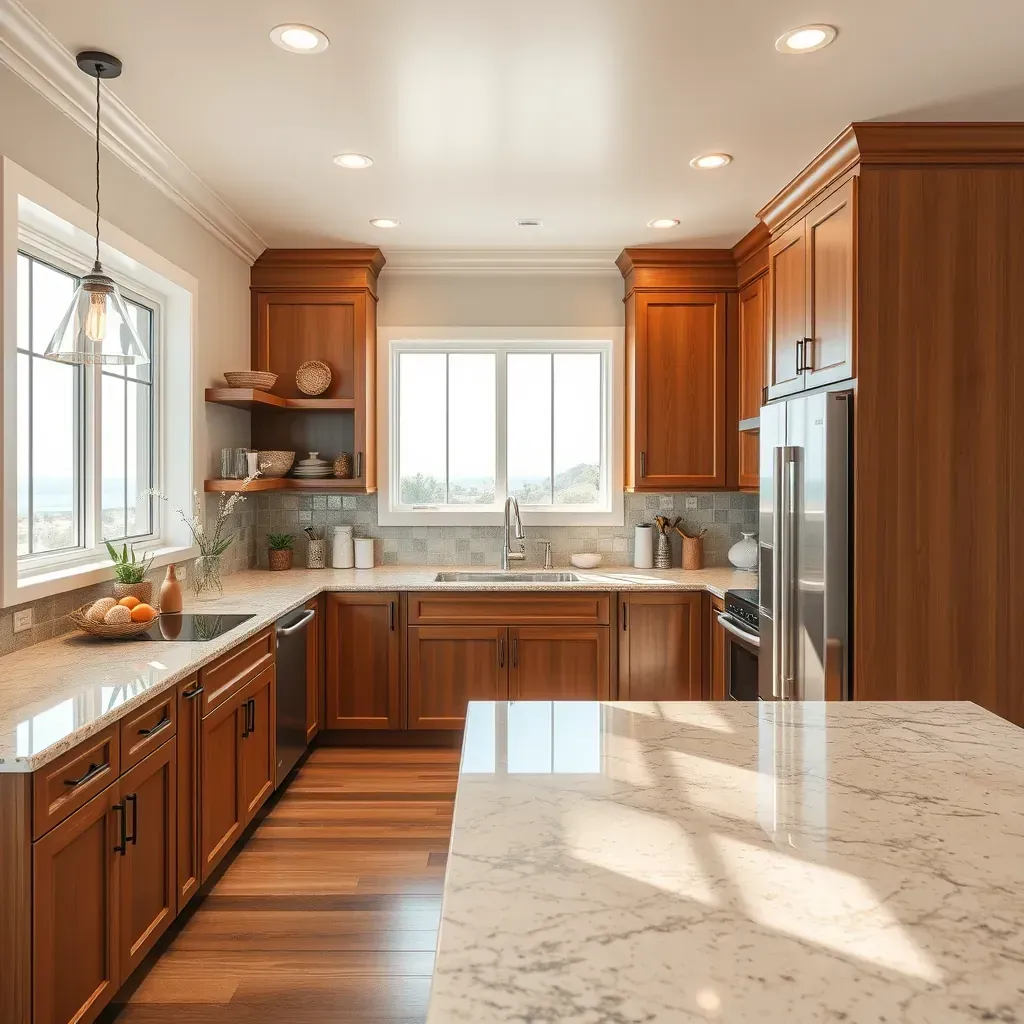 Modern Oceanside, CA kitchen with light wood cabinets, quartz countertops, ocean-inspired blue tiles, stainless steel appliances, and coastal decor.