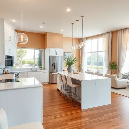 Modern kitchen remodel in Rancho Bernardo with white cabinets, quartz counters, and a seamless open concept living area.
