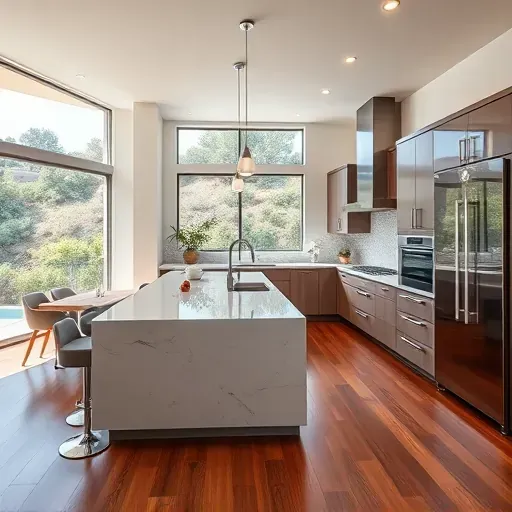 Modern kitchen remodel in San Elijo Hills CA with high-end appliances, quartz countertops, mosaic backsplash, and large windows.