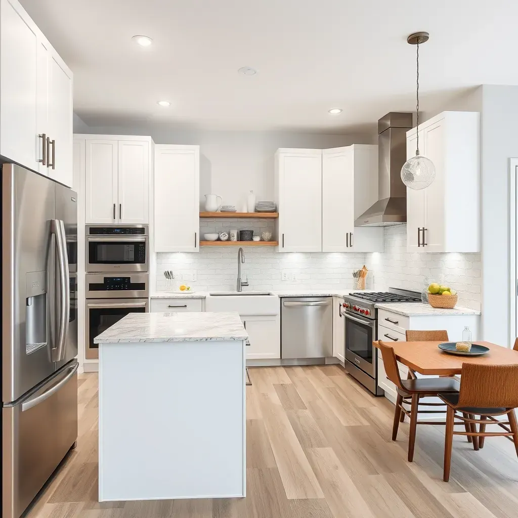 Modern California kitchen with white shaker cabinets, quartz countertops, wood accents, and scenic outdoor views.