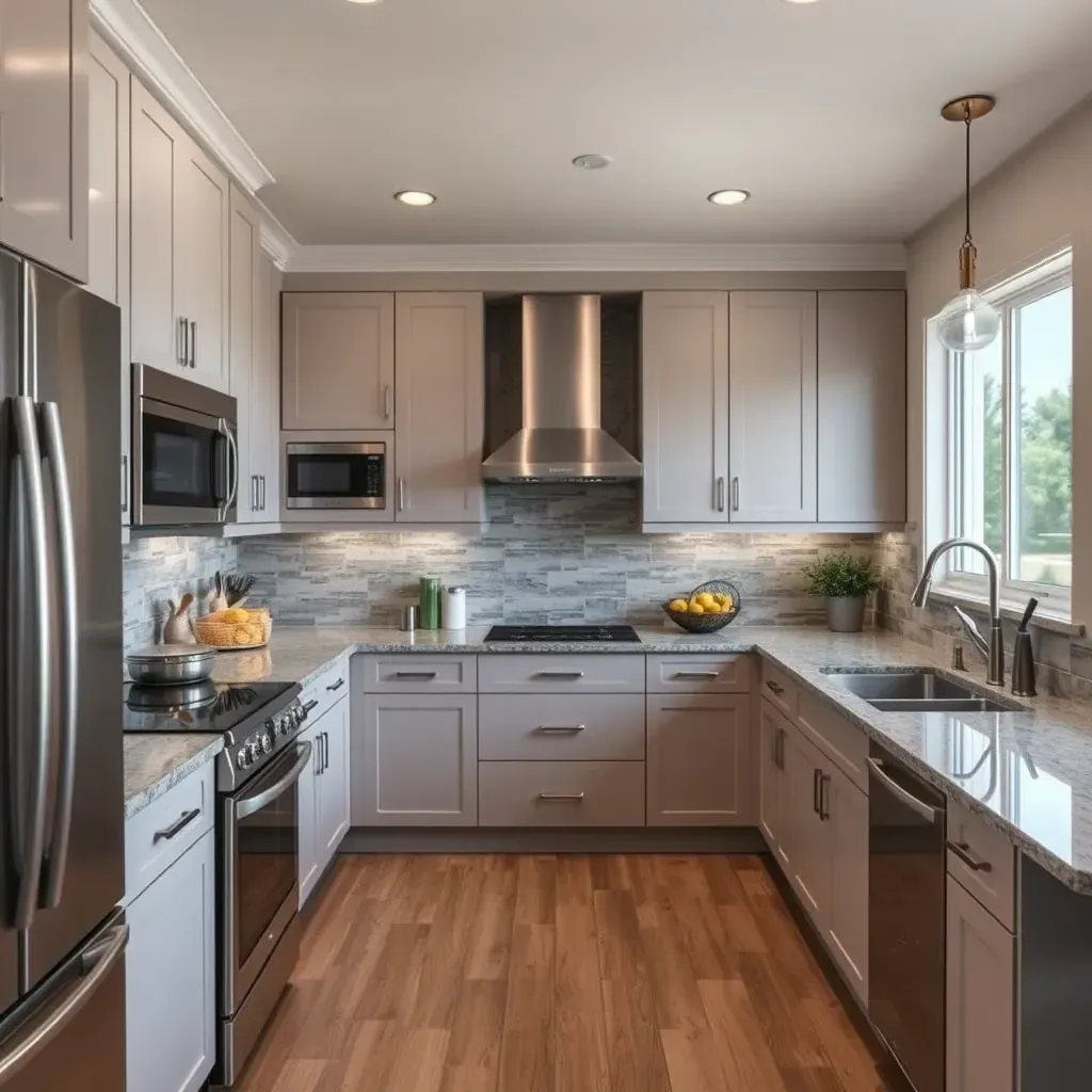 Spacious Escondido kitchen with white quartz counters, warm wood cabinets, marble island, stainless appliances, and natural sunlight.