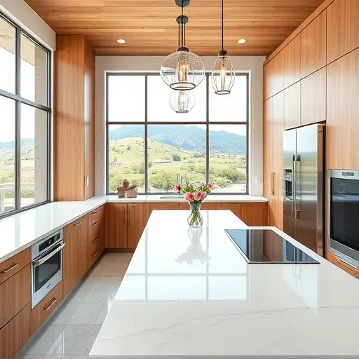 Remodeled Morro Hills kitchen featuring white quartz countertops, warm wood cabinetry, and stainless steel appliances.