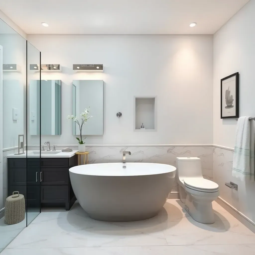 Modern bathroom with soaking tub, walk-in shower, floating double vanity, and lush greenery view in Vista, CA.
