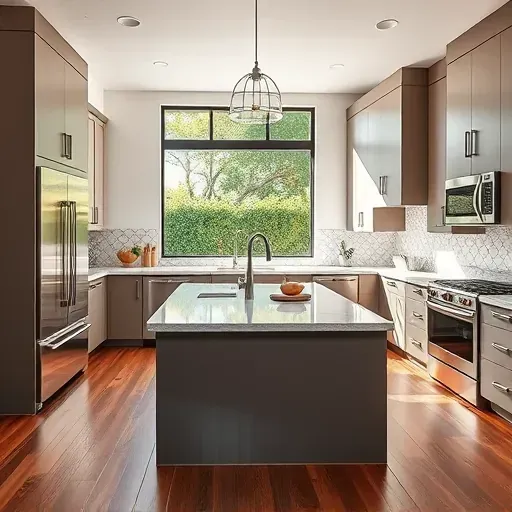 Remodeled Rancho Bernardo kitchen with matte cabinets granite countertops stainless appliances island with marble surface and geometric backsplash