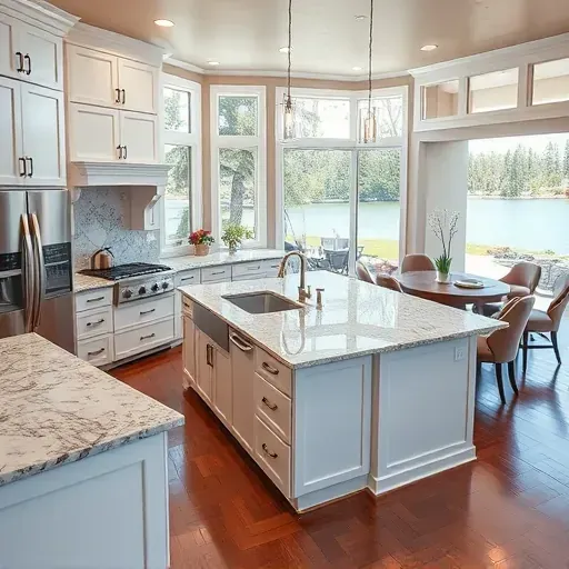 Luxury Lake San Marcos kitchen with granite counters stainless appliances white cabinetry hardwood floors and lake views