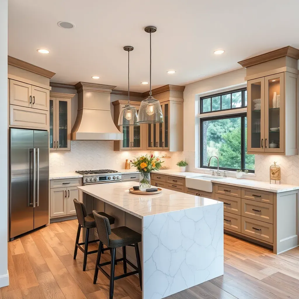 A modern kitchen remodel in Rancho Santa Fe, CA featuring sleek cabinets, granite countertops, and stylish lighting.
