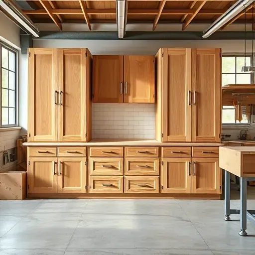 Completed RTA custom cabinets in a bright workshop with detailed wood grain, smooth finishes, and organized tools in Vista California