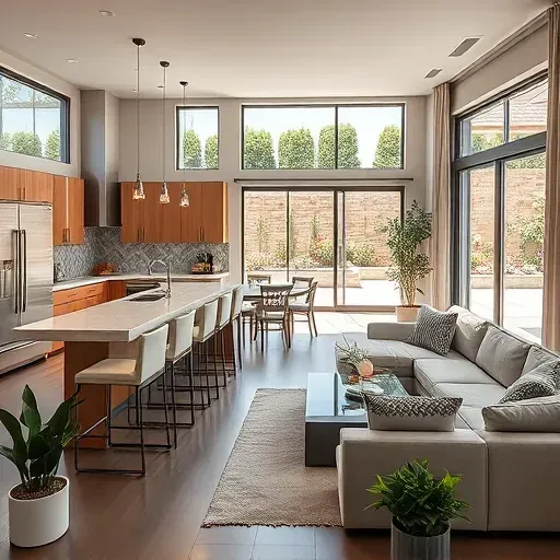 Modern Rancho Peñasquitos kitchen and living area blend elegant design with natural light, featuring lush outdoor views.