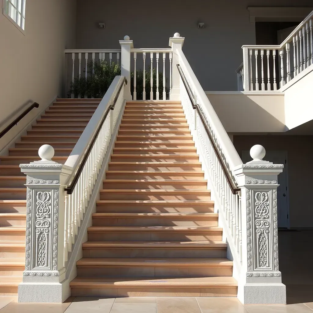 Detailed image of a metal stairs railing in Vista, CA, with intricate design details, set against greenery and urban surroundings.