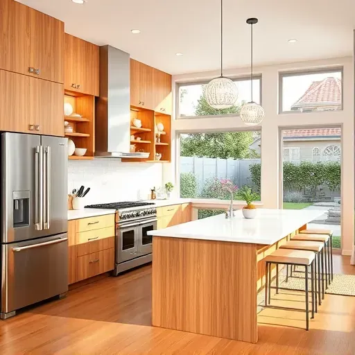 Freshly remodeled Vista CA kitchen with modern cabinetry, quartz island, stainless steel appliances, and sunny backyard view.